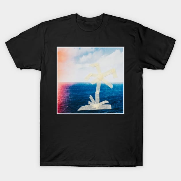 Taped Palm Tree on Printed Photo of Ocean T-Shirt by visualspectrum